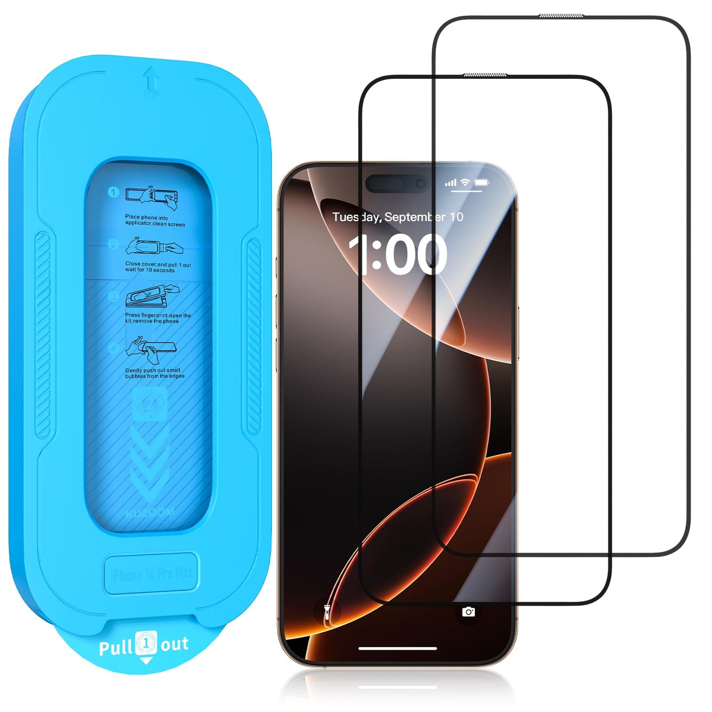 KUZOOM Pack de 2 Protectores de Pantalla de Vidrio Templado Antirroturas con Dureza 9H Kit de Instalación para iPhone 13 14 15/13 Pro 14 Pro 15 Pro/14 Plus 15 Plus/13 Pro Max 14 Pro Max 15 Pro Max (HD Claro para iPhone 16 Pro Max)